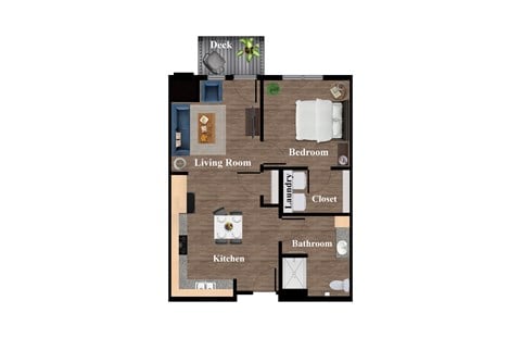 Floor plan for 1 bed, 1 bath, 627 sqft